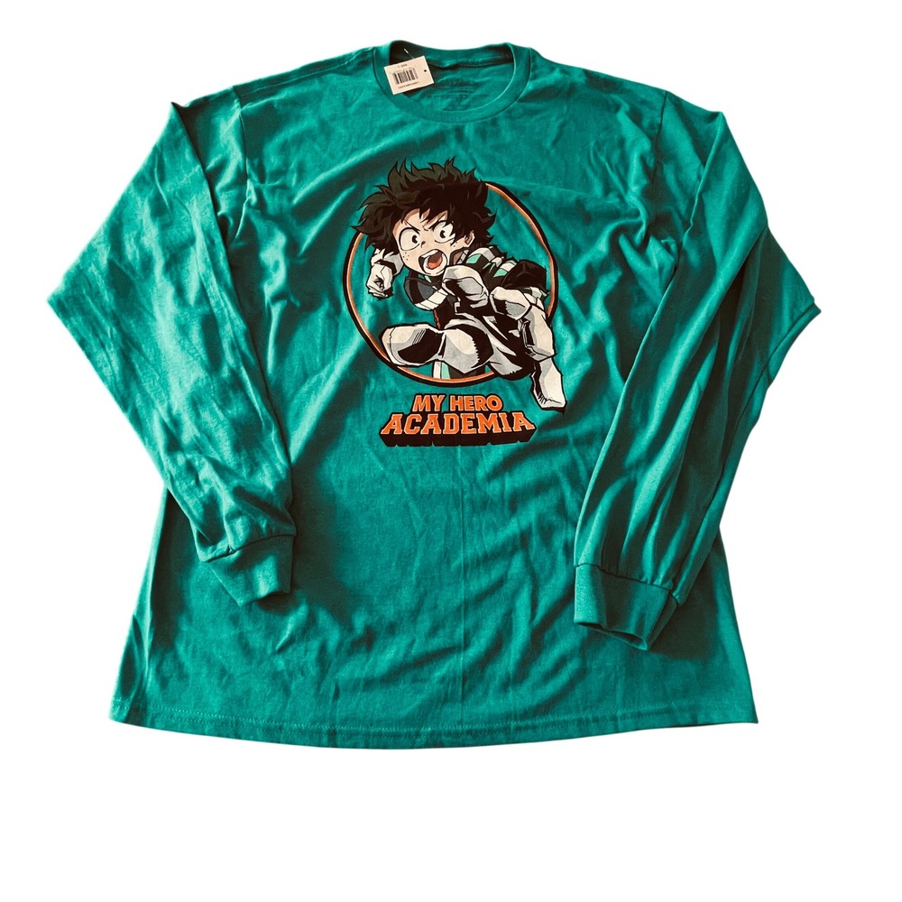 My Hero Academia Deku Izuku Midoriya Long Sleeve Teal Graphic Tee Shirt Mens L